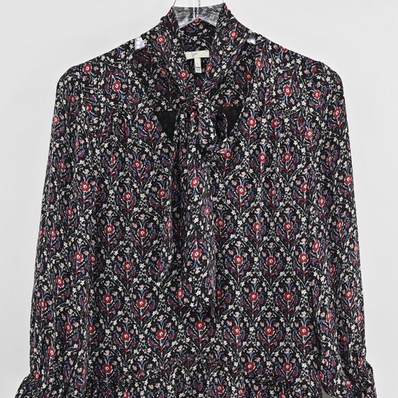 JOIE Dress Sz S Jamira‎ Black Floral Silk Tie Neck Bell Sleeve Ruffle Mini Ditsy - Picture 3 of 12